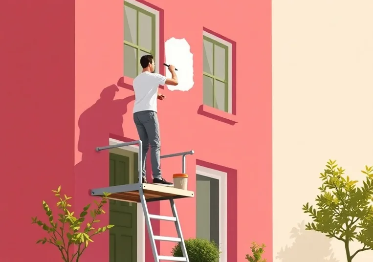 Peintre sur échafaudage traitant la façade d'une maison
